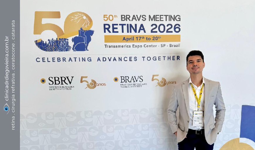 Oftalmologista Dr. Diego Vieira no evento BRAVS Retina 2026. Especialista em cirurgia de catarata, tratamento de ceratocone e cirurgia refrativa em Lavras.